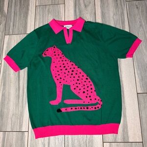 Women’s Oxknit Green & Pink Polo Shirt With Leopard Graphic Size Xl